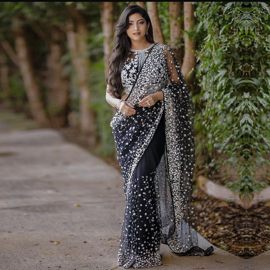 Bhumika’s fashion Black sequins Pearl Handwork Ready to wear saree