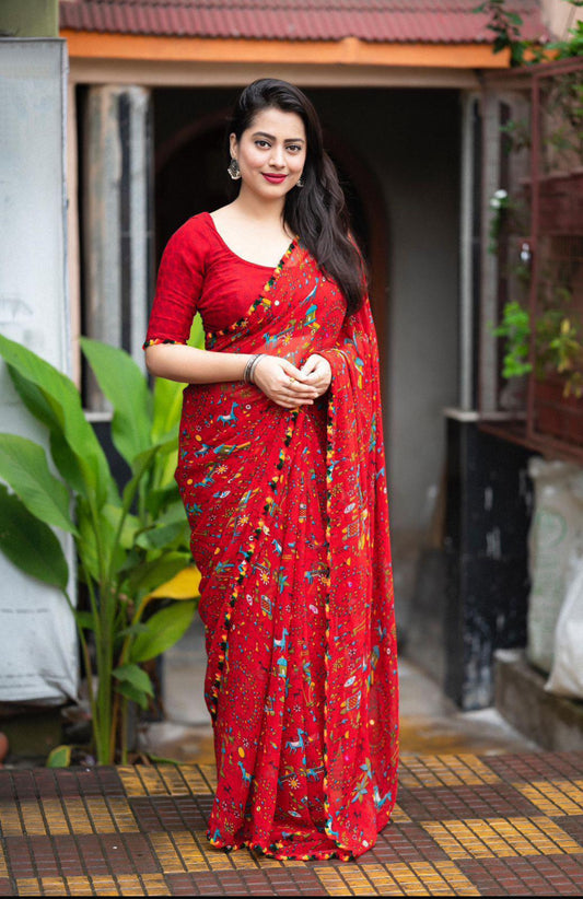 Bhumika’s fashion presents light weight Georgette warli print Ready to wear saree