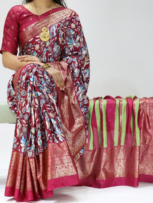 Bhumika’s Fashion presents Kalamkari Designs of Soft Dola Silk Saree With Rich Foil Work and Contrast Blouse