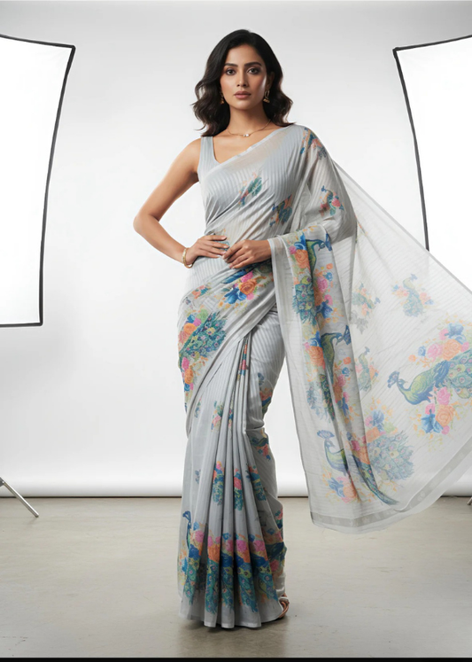 Heavy Blooming Georgette Ready-to-Wear Saree with Peacock Print
