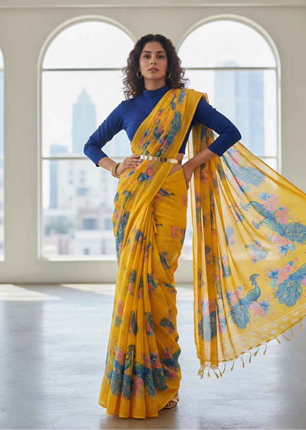 Heavy Blooming Georgette Ready-to-Wear Saree with Peacock Print