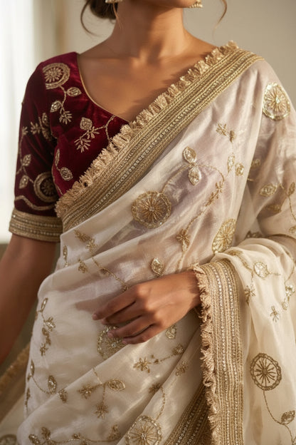 Shop our premium Fendi satin ready-to-wear sarees featuring elegant golden embroidery, golden lace borders and stitched contrast blouses. Perfect for weddings and festive occasions.