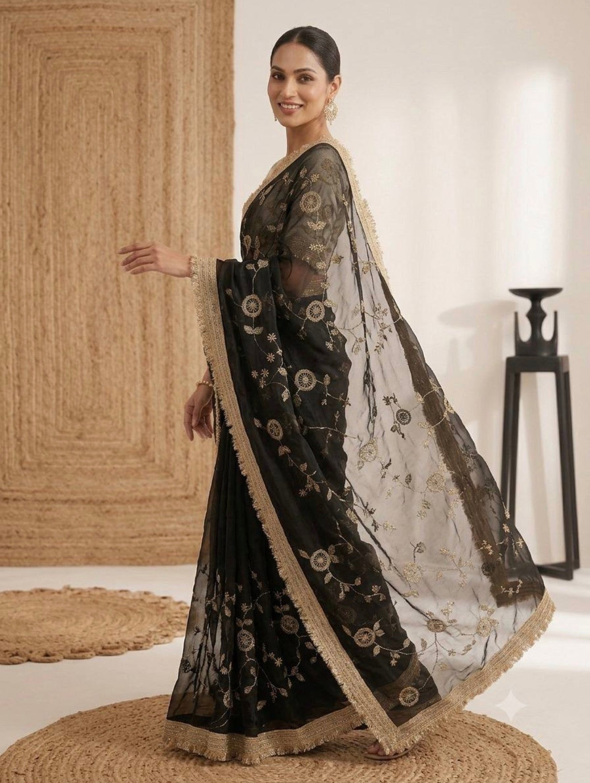 Shop our premium Fendi satin ready-to-wear sarees featuring elegant golden embroidery, golden lace borders and stitched contrast blouses. Perfect for weddings and festive occasions.