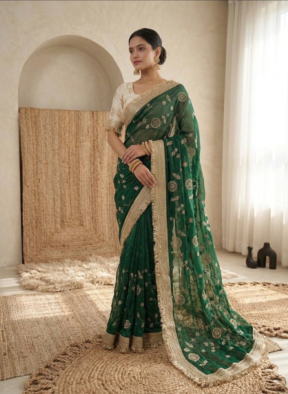 Shop our premium Fendi satin ready-to-wear sarees featuring elegant golden embroidery, golden lace borders and stitched contrast blouses. Perfect for weddings and festive occasions.