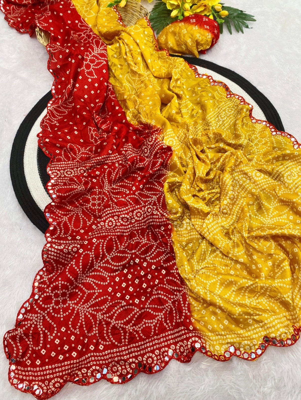 Yellow & Red Bandhani Georgette Ready-to-Wear Saree