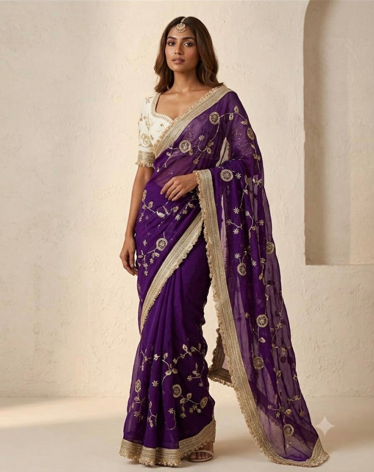 Shop our premium Fendi satin ready-to-wear sarees featuring elegant golden embroidery, golden lace borders and stitched contrast blouses. Perfect for weddings and festive occasions.
