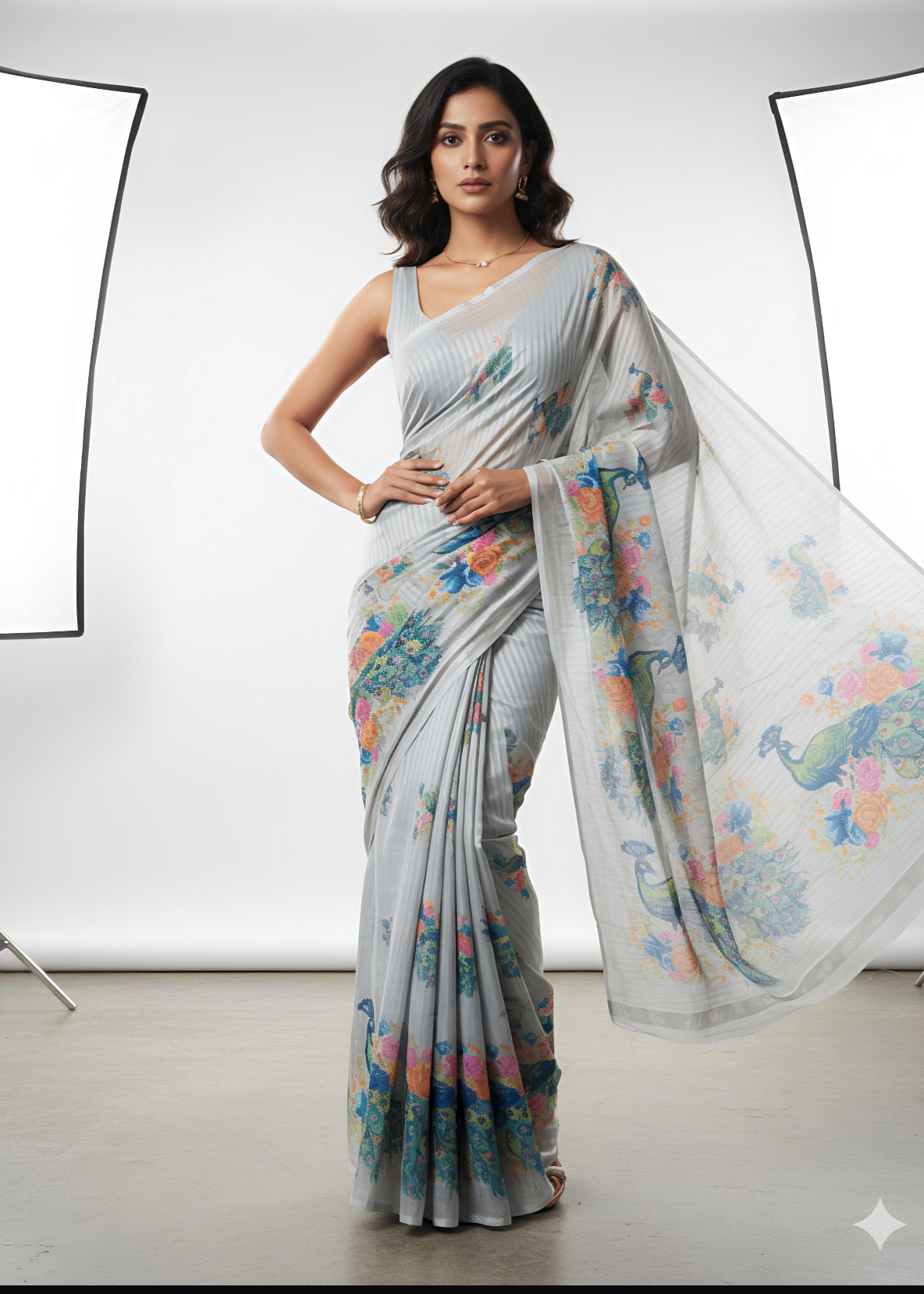 Heavy blooming Georgette Ready to wear saree with weave stripes and peacock 🦚 print on allover saree with PERFECTLY MATCHED blouse piece