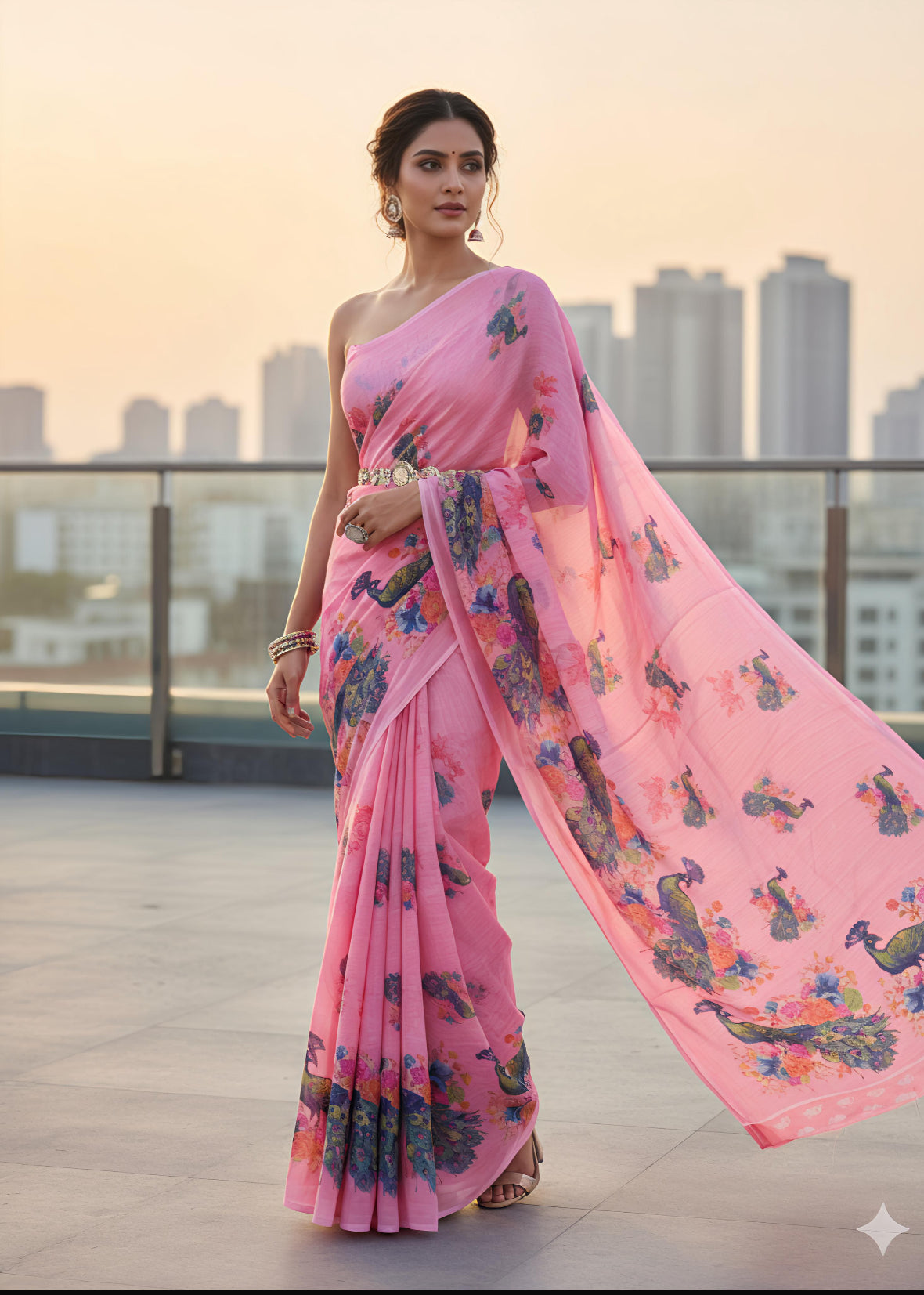 Heavy blooming Georgette Ready to wear saree with weave stripes and peacock 🦚 print on allover saree with PERFECTLY MATCHED blouse piece
