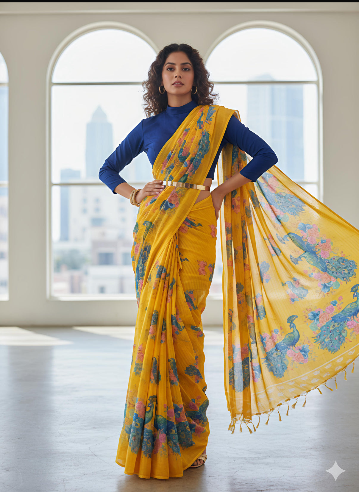 Heavy blooming Georgette Ready to wear saree with weave stripes and peacock 🦚 print on allover saree with PERFECTLY MATCHED blouse piece