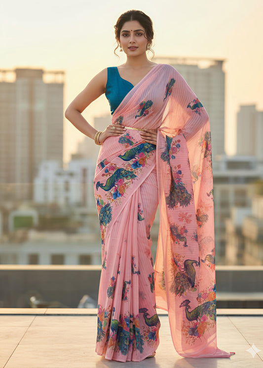 Heavy blooming Georgette Ready to wear saree with weave stripes and peacock 🦚 print on allover saree with PERFECTLY MATCHED blouse piece