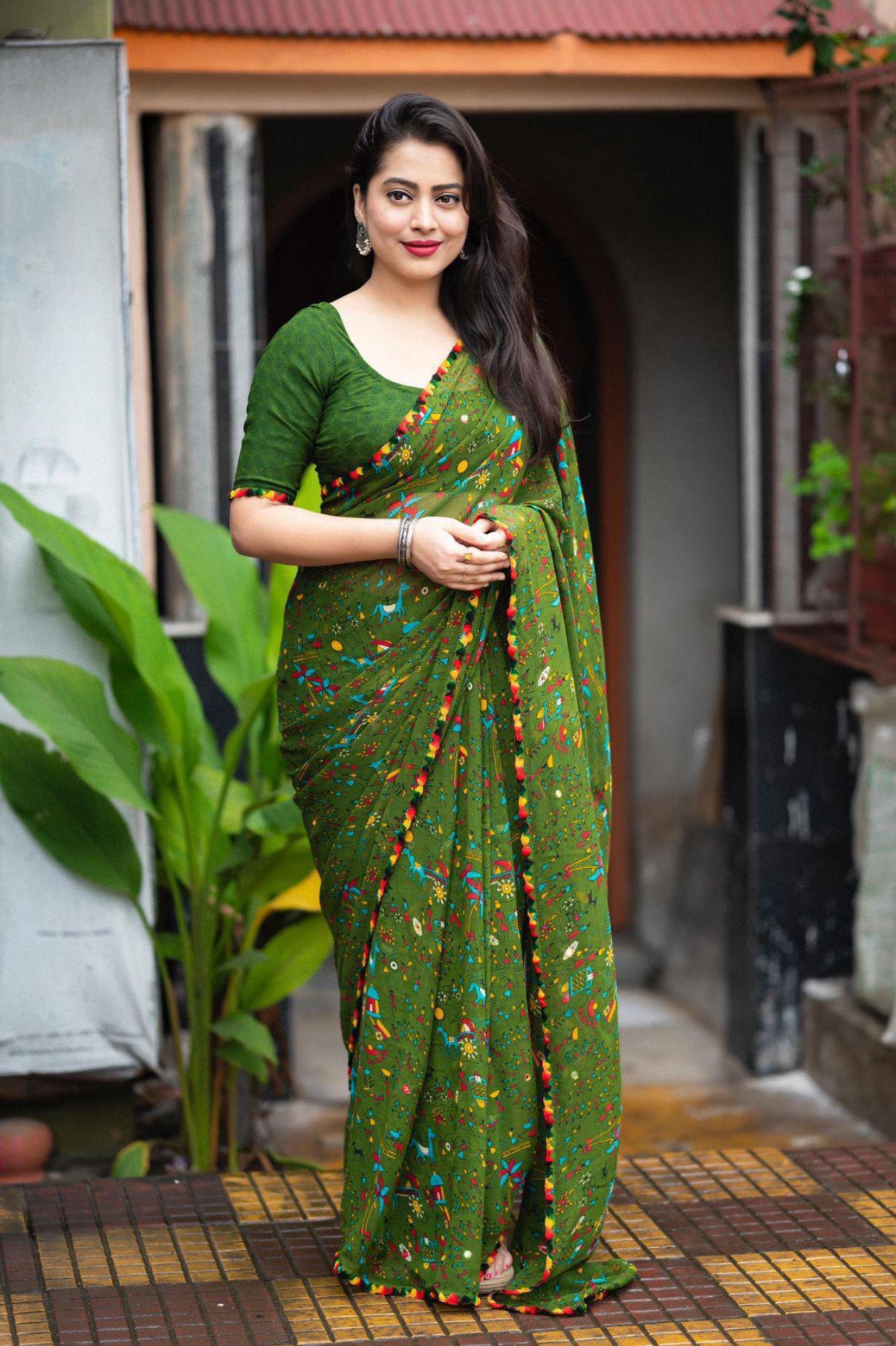 Lightweight Georgette Warli Print Ready-to-Wear Saree