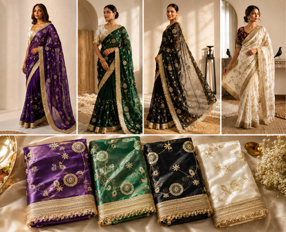 Shop our premium Fendi satin ready-to-wear sarees featuring elegant golden embroidery, golden lace borders and stitched contrast blouses. Perfect for weddings and festive occasions.