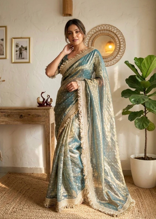 Shimmer Georgette Ready-to-Wear Saree with Lace Border