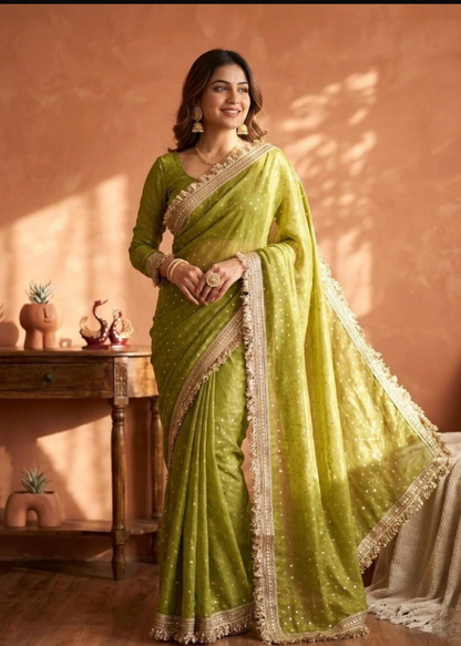 Shimmer Georgette Ready-to-Wear Saree with Lace Border
