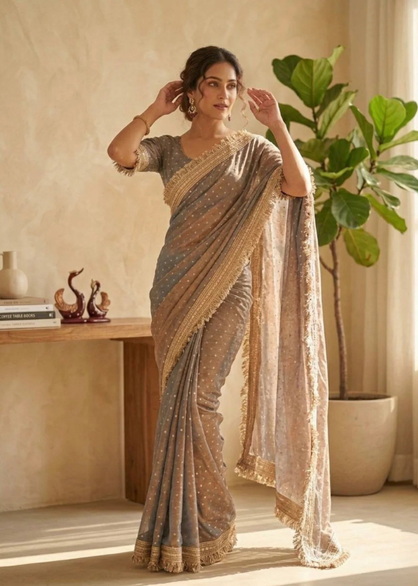 Shimmer Georgette Ready-to-Wear Saree with Lace Border