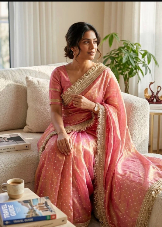 Shimmer Georgette Ready-to-Wear Saree with Lace Border